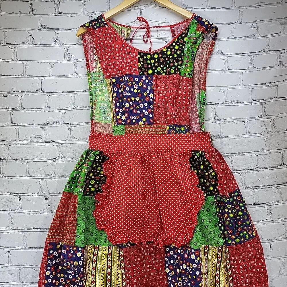 Vintage 70s Patchwork Apron Full Colorblock‎ Housedress Prairie Cottagecore Flaw